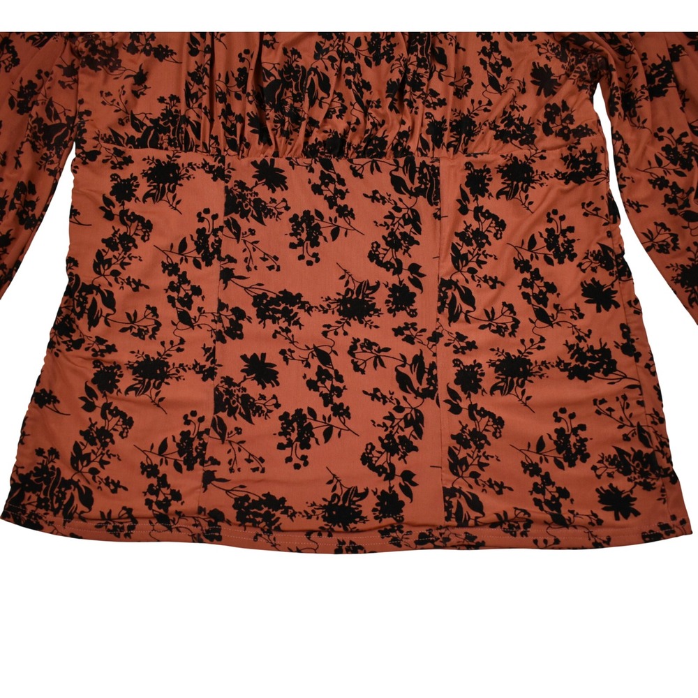 Boho Mesh Floral Blouse Top Orange Ruched Square Neck Balloon Sleeve Fall Colors - Picture 4 of 9